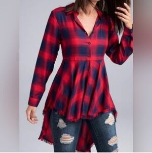 Venus 3x High Low Plaid Button Down Blouse